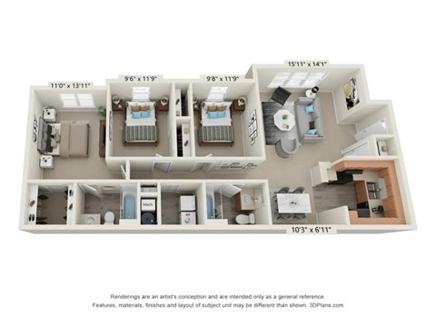 Floor plan for 3 beds, 2 baths, 1184 sqft